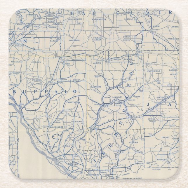 Wisconsin Bicycle Road Map 6 Square Paper Coaster (Front)