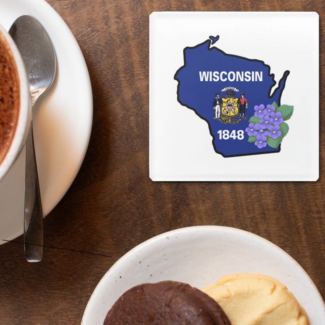 Wisconsin Flag & Flower Blue Violet Custom Name Glass Coaster (Creator Uploaded)