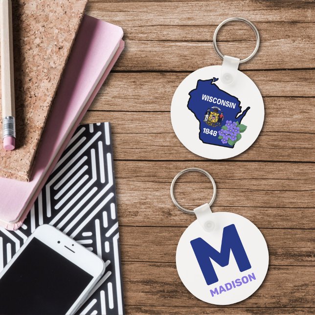 Wisconsin Flag & Flower Blue Violet Custom Name Key Ring (Creator Uploaded)