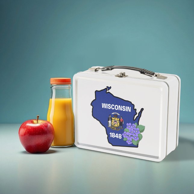 Wisconsin Flag & Flower Blue Violet Custom Name Metal Lunch Box (Creator Uploaded)