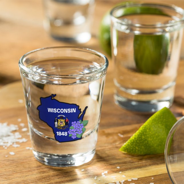 Wisconsin Flag & Flower Blue Violet Custom Name Shot Glass (Creator Uploaded)