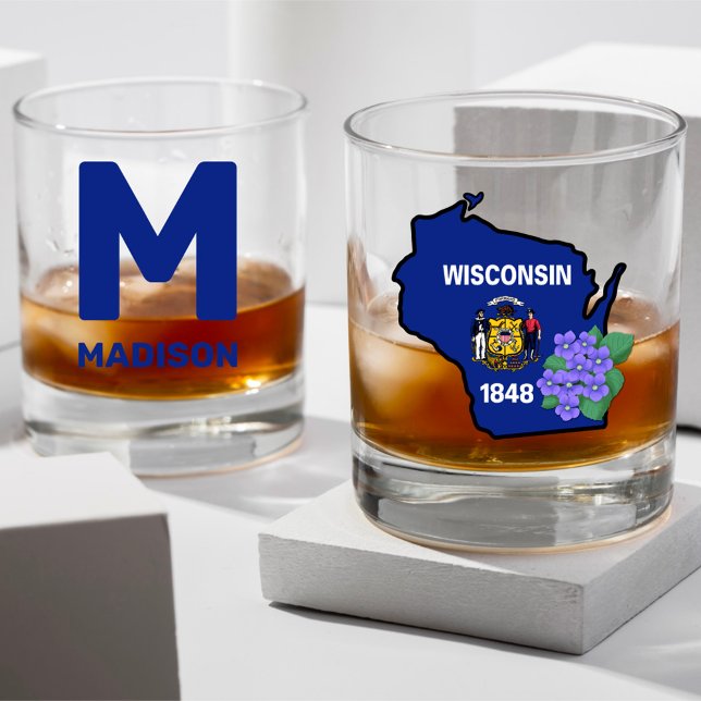 Wisconsin Flag & Flower Blue Violet Custom Name Whiskey Glass (Creator Uploaded)