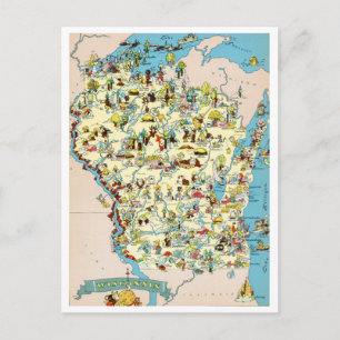 Wisconsin Funny Vintage Map Postcard