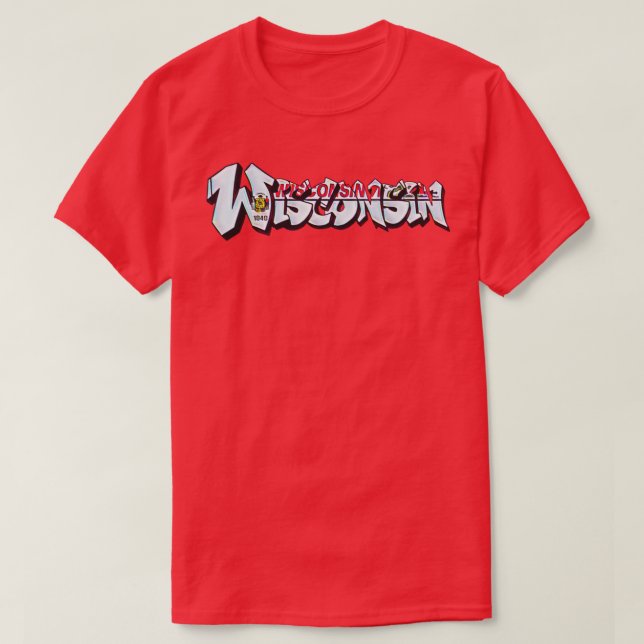Wisconsin License Plate Graffiti Red Available on  T-Shirt (Design Front)