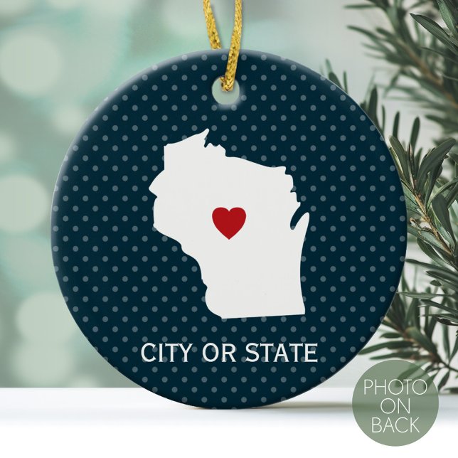 Wisconsin Map Home State Love Custom City Blue Ceramic Ornament (Personalized Photo Ornament)