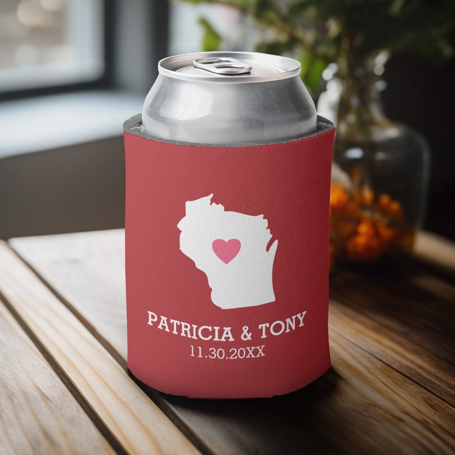 Wisconsin Map Home State Love with Optional Heart Can Cooler (Celebrate with a personalized can cooler - add your name or monogram. Great party favor or gift)
