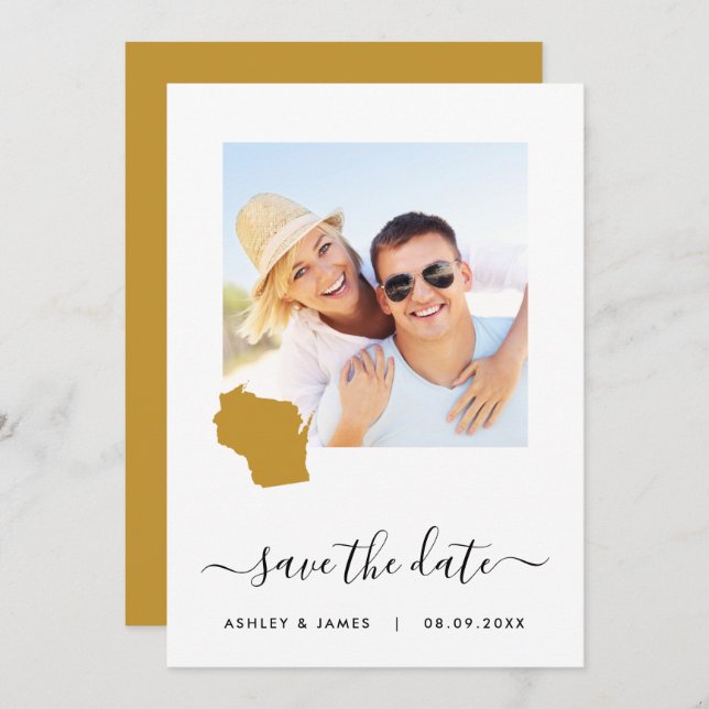 Wisconsin Map Photo Wedding Save the Date Card (Front/Back)
