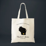 Wisconsin Map Wedding Welcome Bag Tote Black, Gold<br><div class="desc">Wedding weekend welcome gift bag for out of town guests to your wedding,  featuring image of Wisconsin,  with gold heart.  Fill tote with your favourite goodies.</div>