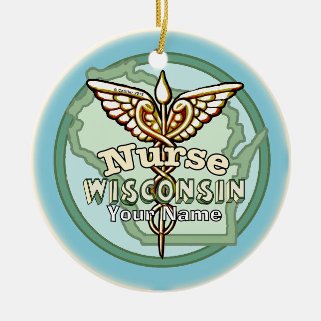 Wisconsin Nurse Caduceus Ceramic Ornament (Front)
