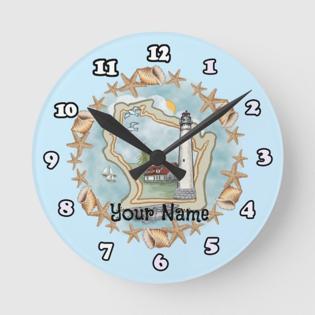 Wisconsin Shells Lighthouse  Round Clock (Front)