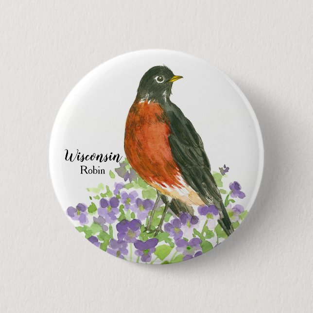Wisconsin Souvenir American Robin Purple Violets  6 Cm Round Badge (Front)