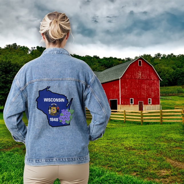Wisconsin State Flag & Flower Common Blue Violet Denim Jacket (Creator Uploaded)