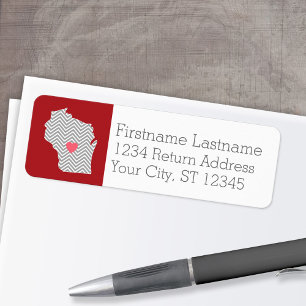 Wisconsin State Map with Custom Red Heart and Name Return Address Label
