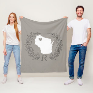 Wisconsin state map wreath leaves monogram fleece blanket