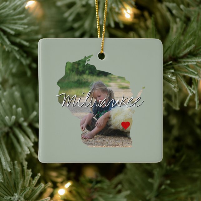 Wisconsin State Photo insert and town name Ceramic Ornament (Tree)