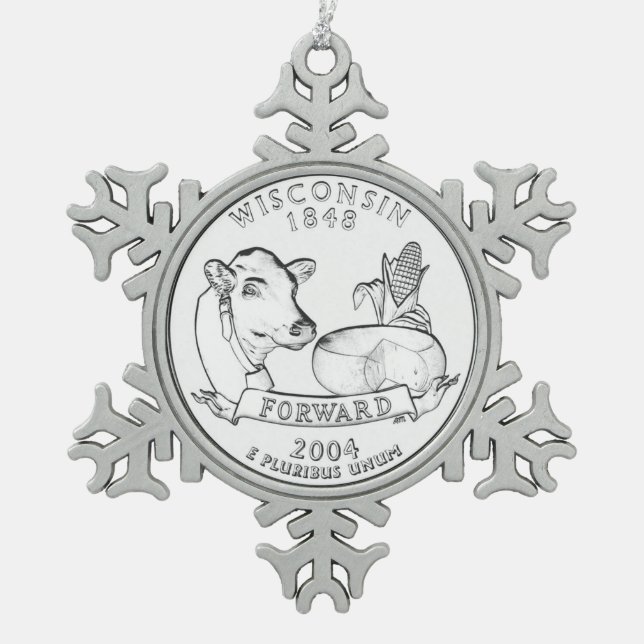 Wisconsin State Quarter Snowflake Pewter Christmas Ornament (Front)