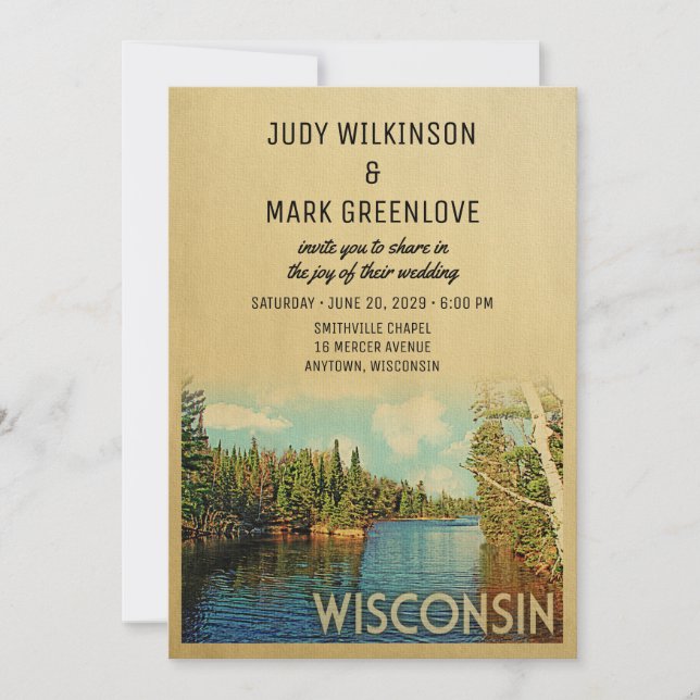 Wisconsin Wedding Invitation Vintage Lake Nature (Front)