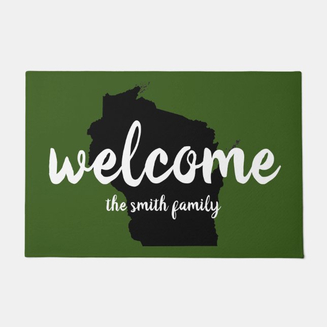 Wisconsin Welcome in Forest Green and Black Doormat (Front)