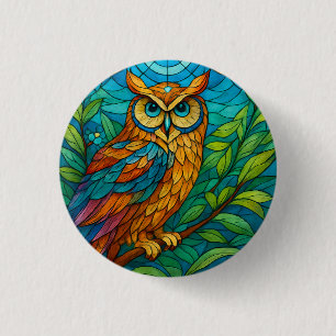 Wisdom in Glass Stained-Glass Owl with Floral 3 Cm Round Badge