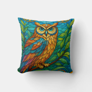 Wisdom in Glass Stained-Glass Owl with Floral Cushion