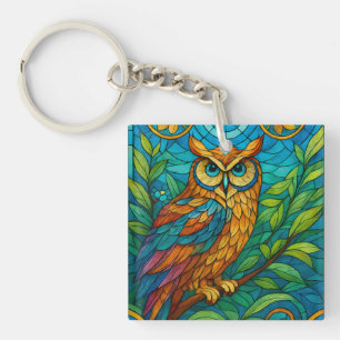 Wisdom in Glass Stained-Glass Owl with Floral Key Ring