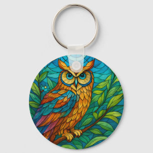 Wisdom in Glass Stained-Glass Owl with Floral Key Ring