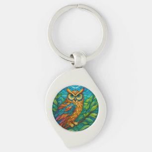 Wisdom in Glass Stained-Glass Owl with Floral Key Ring
