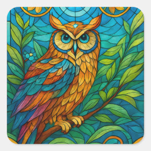 Wisdom in Glass Stained-Glass Owl with Floral Square Sticker