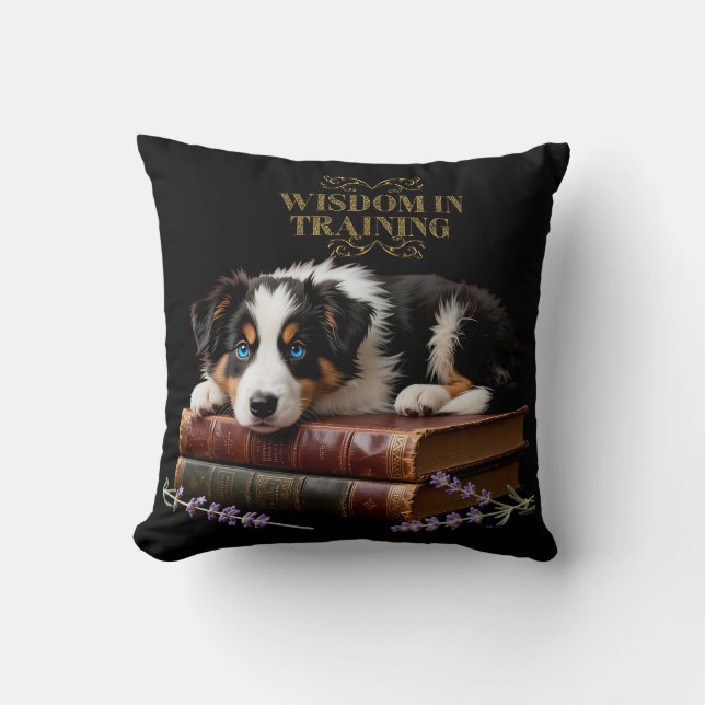 Wisdom In Training Border Collie Puppy Book Lover Cushion (Front)