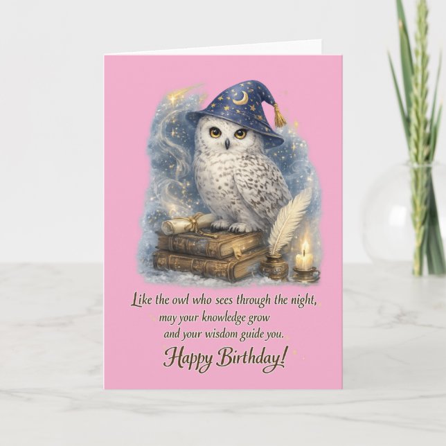 Wisdom & Knowledge Snow Owl Happy Birthday Card (Front)