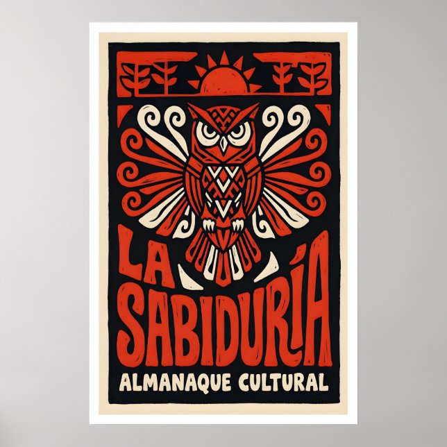 Wisdom Owl Poster Bold Red and Black Folk Art (Front)