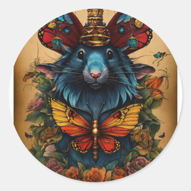 Wisdom Wings: Cyberpunk Butterfly Rat King Tattoo  Classic Round Sticker (Front)