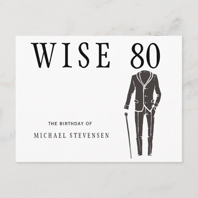 Wise 80 black and white men birthday invitation postcard (Front)