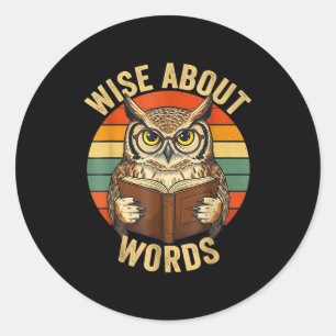 Wise about words owl reading book vintage sunset classic round sticker