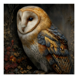 Wise Barn Owl Perched on Ancient Branch Poster