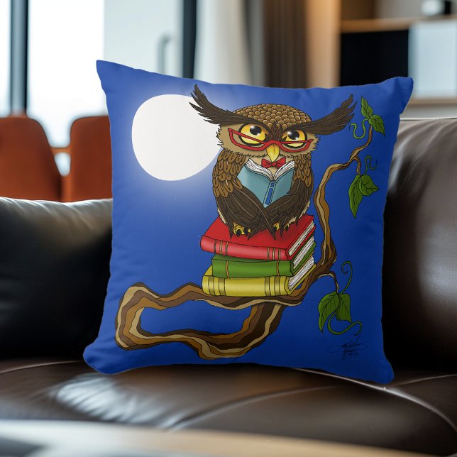 Wise Blue Cute Brown Reading Owl Books Cushion (Creator Uploaded)