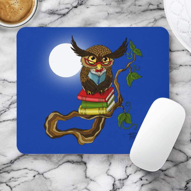Wise Blue Cute Brown Reading Owl Books Mouse Pad (Creator Uploaded)