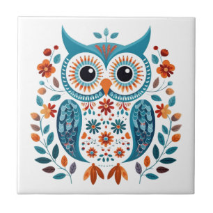 Wise Blue Owl Scandinavian Folk Art Ceramic Tile