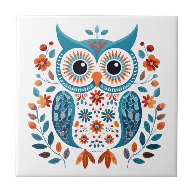 Wise Blue Owl Scandinavian Folk Art Ceramic Tile (Front)