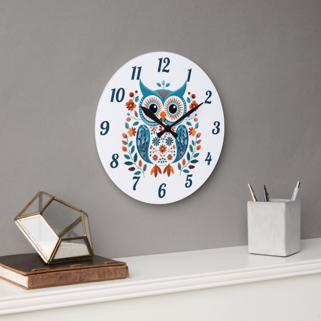 Wise Blue Owl Scandinavian Folk Art Large Clock (Office)