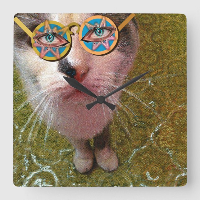 Wise Cat Human Eyes and Funny Glasses Poster Square Wall Clock (Front)