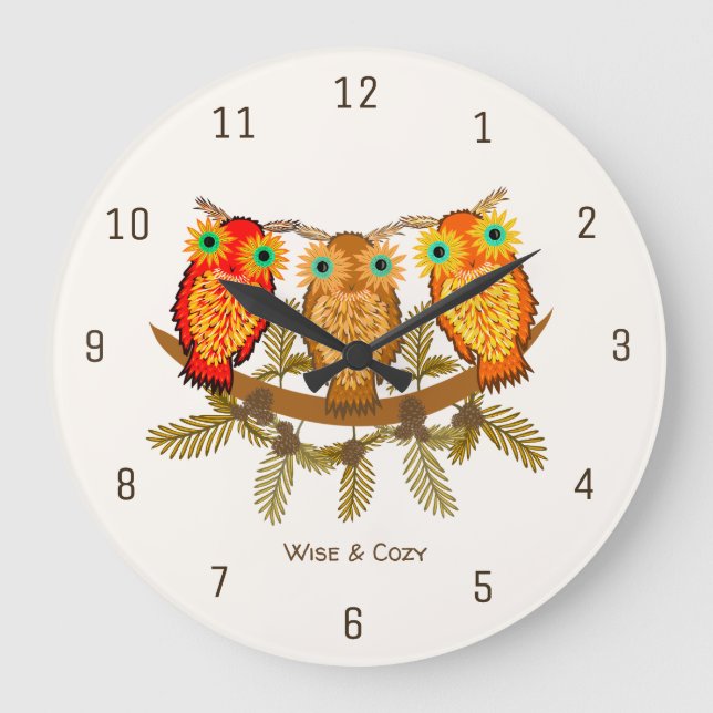 Wise & Cosy – Three Orange Owls Art Large Clock (Front)