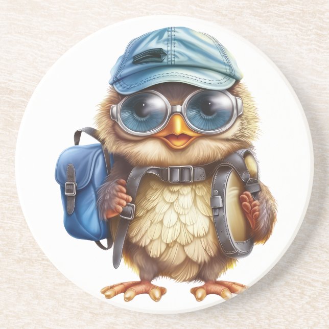 Wise Little Traveller - Kid Owl with backpack Coaster (Front)