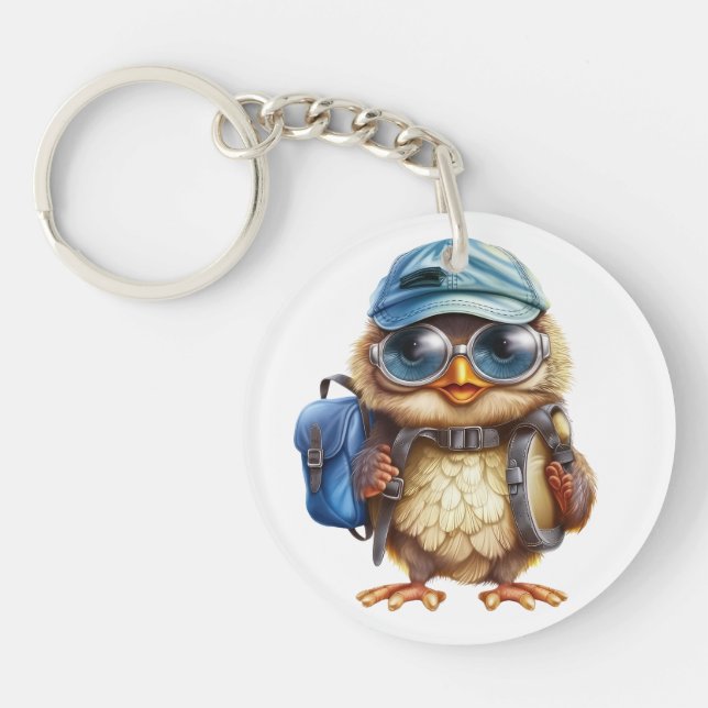 Wise Little Traveller - Kid Owl with backpack Key Ring (Front)