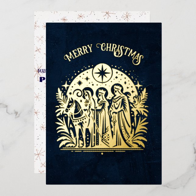 Wise Men Foil on Blue Foil Holiday Card (Front/Back)