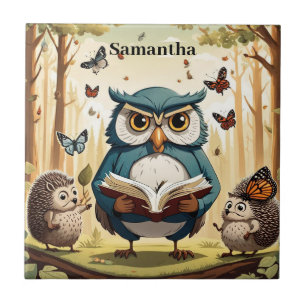 Wise old owl, butterflies, hedgehogs Editable name Ceramic Tile