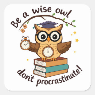 Wise Owl 'Anti-Procrastination' Motivational Art Square Sticker