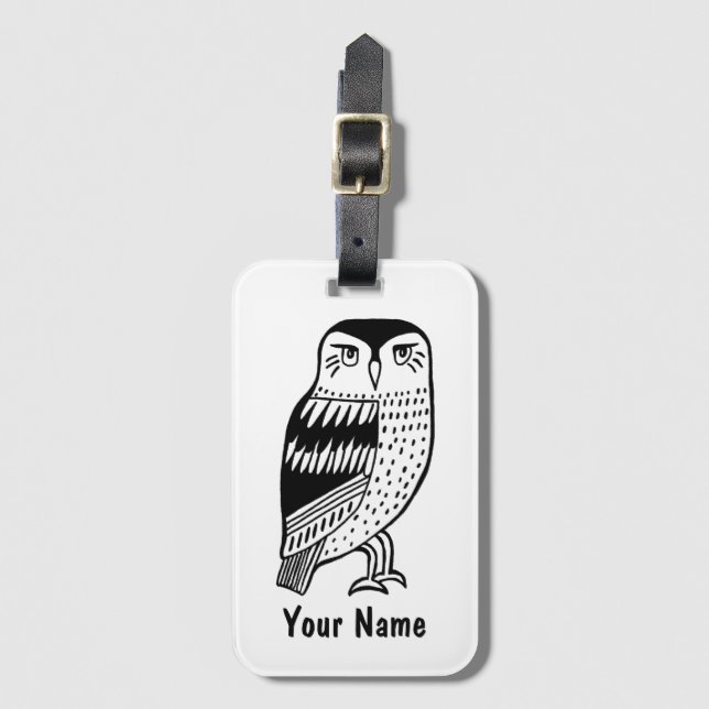 Wise Owl Black on White Luggage Tag (Front Vertical)