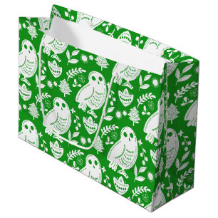 Wise Owl Folk Art Green Holiday Large Gift Bag
