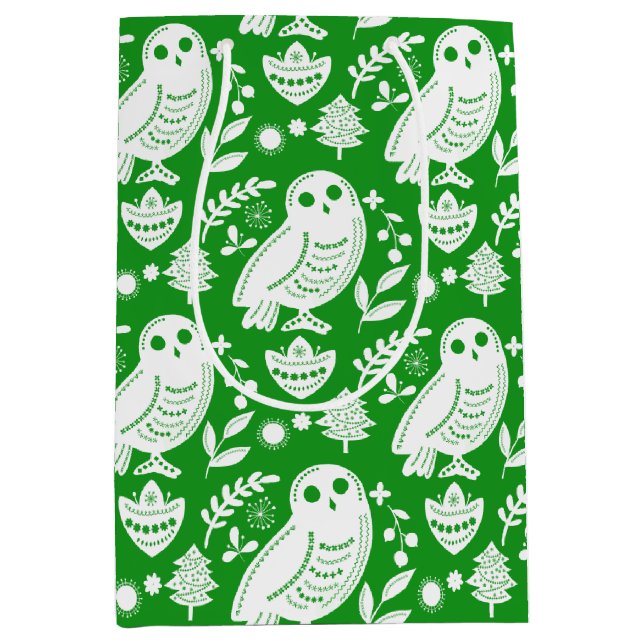 Wise Owl Folk Art Green Holiday Medium Gift Bag (Front)